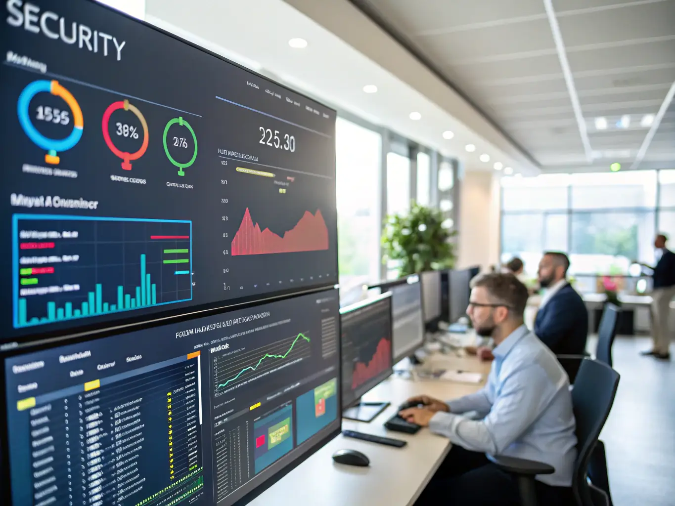 A high-resolution image depicting a network security dashboard with real-time threat monitoring and analysis, showcasing JABBARY's ability to visualize and manage attack surfaces.