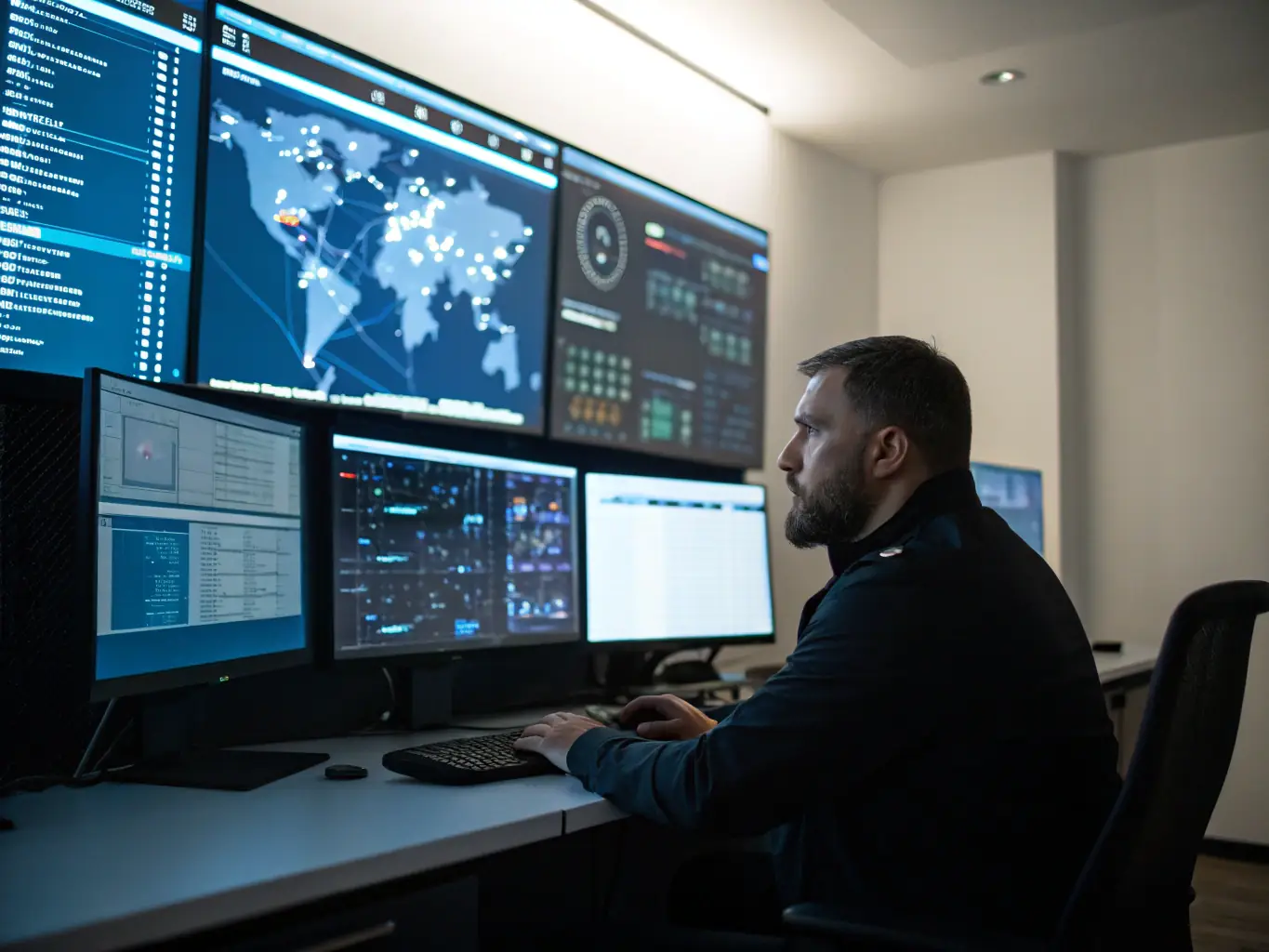 A security professional analyzing a threat landscape dashboard, highlighting JABBARY's proactive threat detection capabilities.